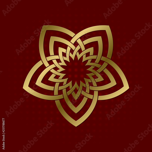 Sacred geometric symbol of five flower petals plexus. Golden mandala logo.