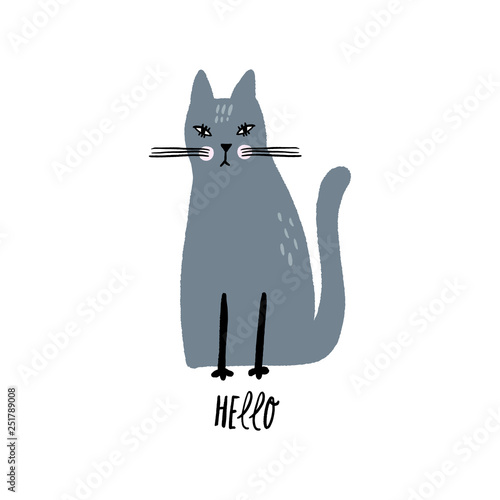 Vector nursery lettering doodle poster and postcard with cute cat in scandinavian style