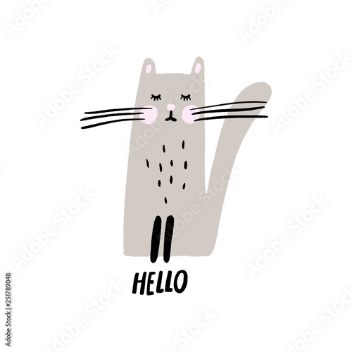 Vector nursery lettering doodle poster and postcard with cute cat in scandinavian style