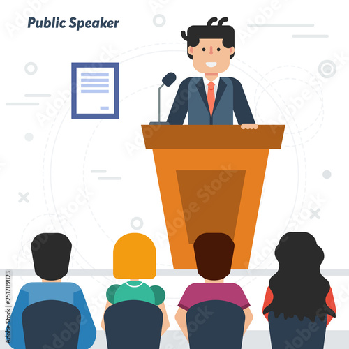 Public businessman speaker from tribune and audience