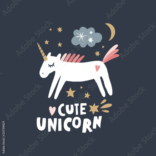 Vector nursery lettering doodle poster and postcard with unicorn in scandinavian style