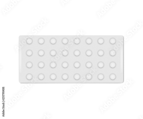 Medical pill blister pack isolated on white background, realistic mockup. Small blank medicine tablets, vector template