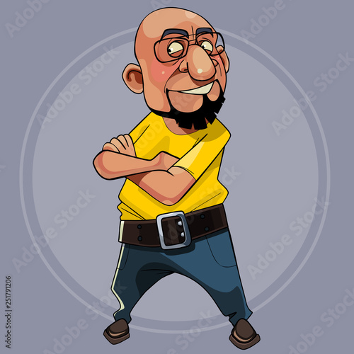 cartoon smiling character is a bearded man and in glasses stands with his arms folded