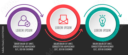 Modern vector illustration 3D. Infographic circles template with three elements, arrows, icons. Designed for business, presentations, web design, interface, workflow layout, diagrams with 3 steps