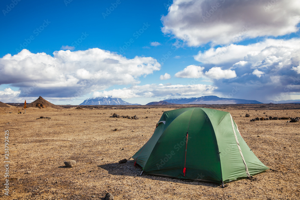 Camping tent at Dreki campsite near Askja caldera in Highlands of Iceland Scandinavia