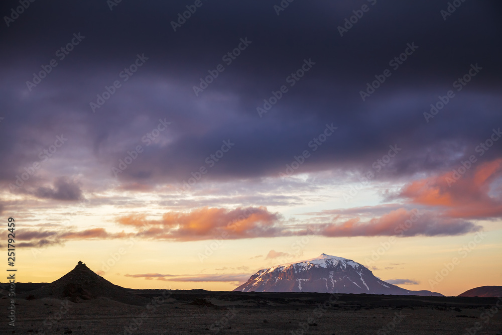 Dramatic sunset over Herdubreid tuya mountain  Odadahraun lava field Highlands of Iceland Scandinavia