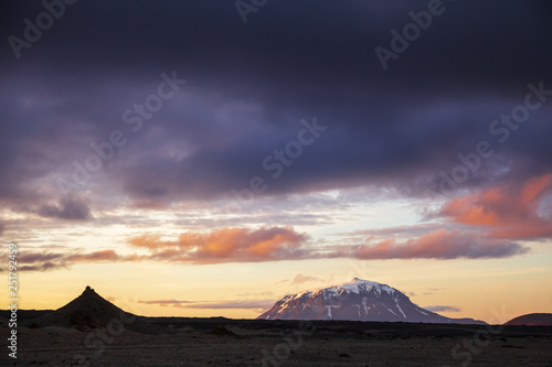 Dramatic sunset over Herdubreid tuya mountain Odadahraun lava field Highlands of Iceland Scandinavia