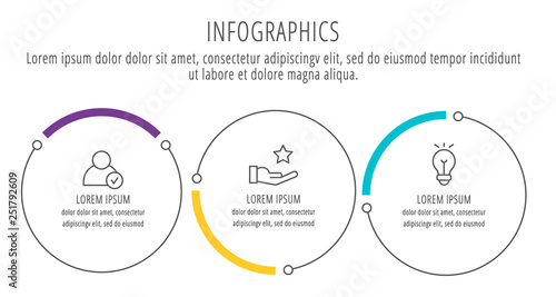 Modern and simple flat vector illustration. Infographic template with three circles, elements, sectors and percentages. Designed for business, presentations, web design, interface 3 step diagrams.