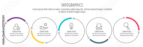 Modern and simple flat vector illustration. Infographic template with five circles, elements, sectors and percentages. Designed for business, presentations, web design, interface 5 step diagrams