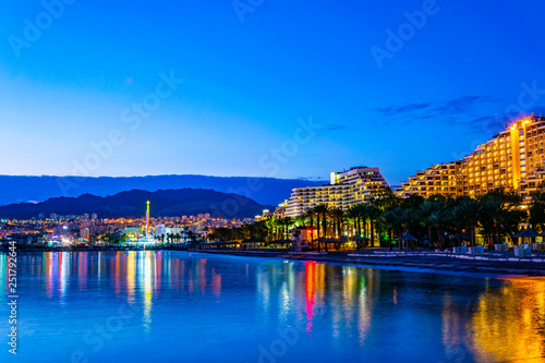 Photos Sunset view of hotels in israeli holiday resort Eilat, Israel