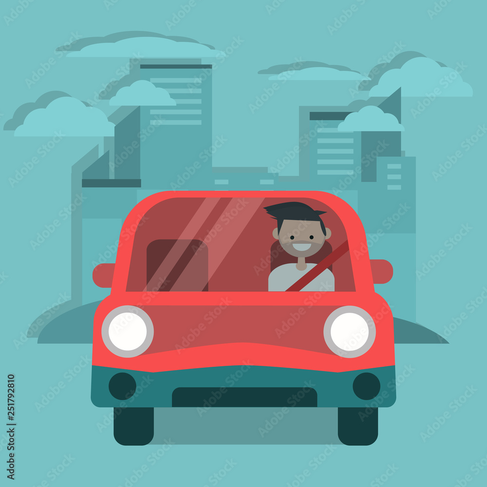 Young character driving a red car. Urban lifestyle. Flat cartoon illustration, clip art Young character driving a red car. Urban lifestyle. Flat cartoon illustration, clip art