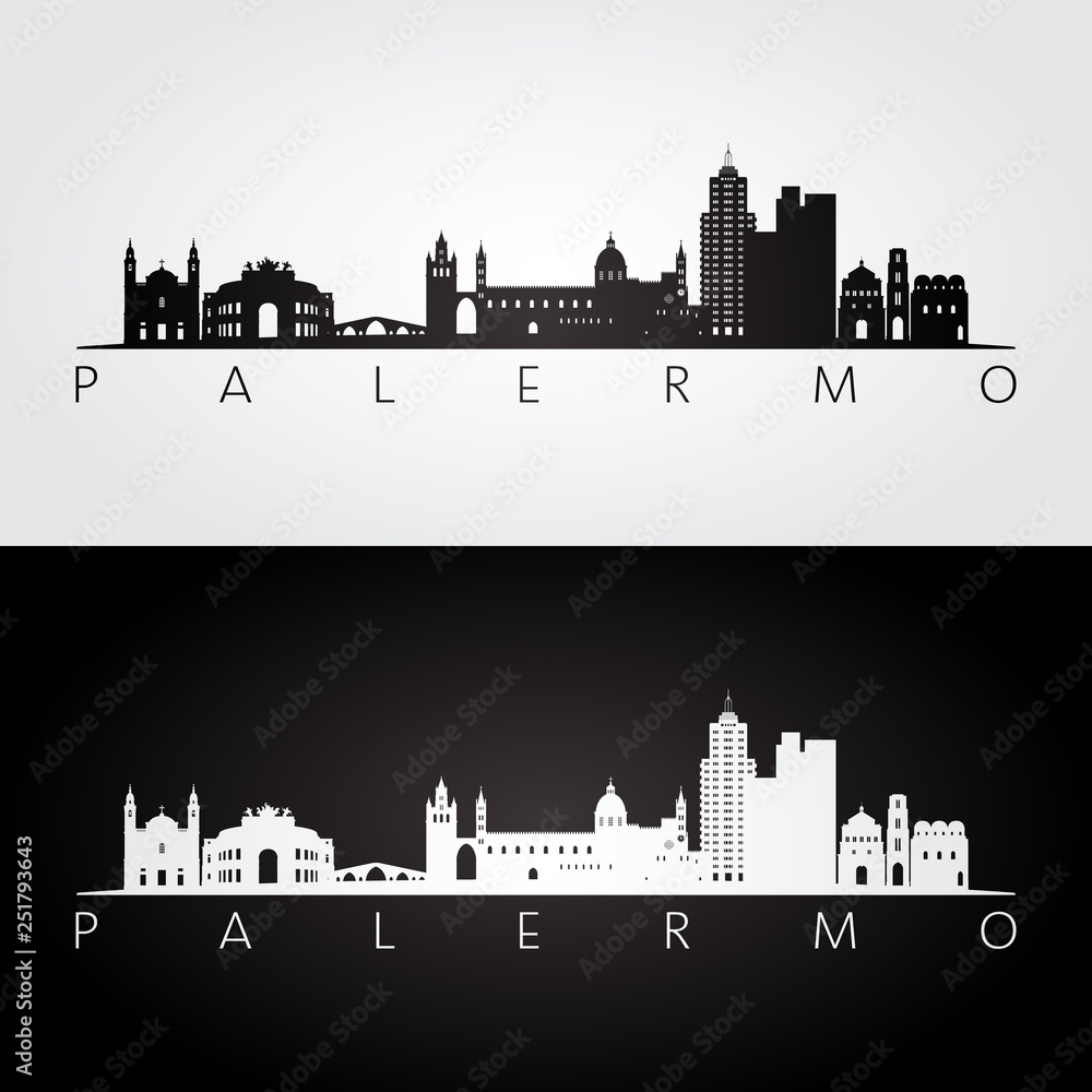 Palermo skyline and landmarks silhouette, black and white design, vector illustration.