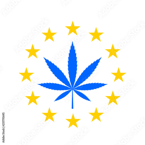 Marijuana leaf on the background of the EU flag. concept of cannabis legalization in the EU. flat vector illustration isolated