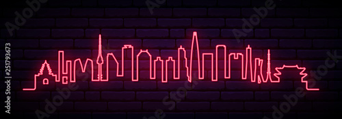 Red neon skyline of Seoul city. Bright Seoul long banner. Vector illustration.