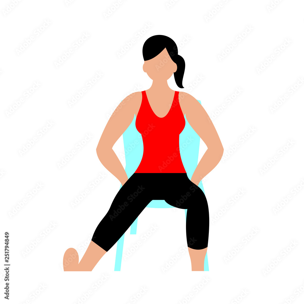 Beautiful young woman doing exercises with chair at home. A young girl exercising fitness training. Vector flat illustration. Beautiful young woman doing exercises with chair at home. A young girl exercising fitness training. Vector flat illustration.