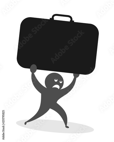 Man is carrying and holding heavy baggage and luggage - black suitcase. Vector illustration