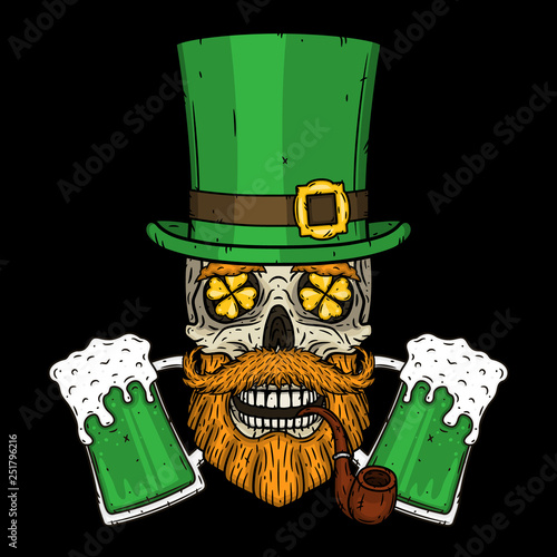 Irish skull. The skull of Saint Patrick's with green hat, glass beer and clover leaves.