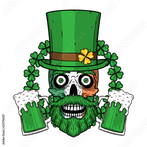 Irish skull. The skull of Saint Patrick's with green hat, glass beer and clover leaves.