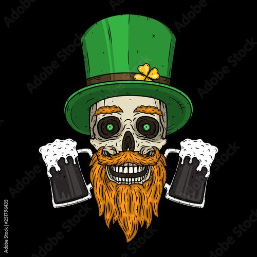 Irish skull. The skull of Saint Patrick's with green hat, glass beer and clover leaves.