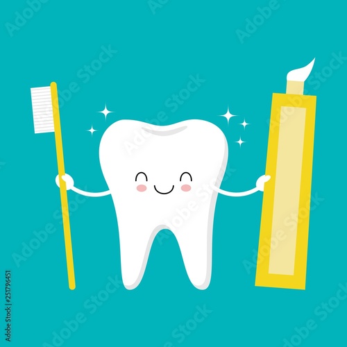 Tooth holding toothpaste and toothbrush. Cute funny cartoon smiling character. Kawaii illustration