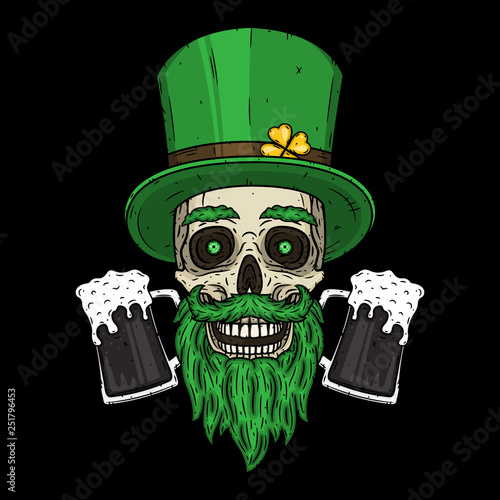 Irish skull. The skull of Saint Patrick's with green hat, glass beer and clover leaves.