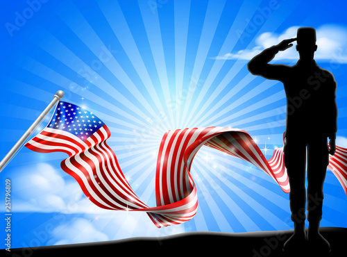 A patriotic soldier saluting while standing in front of an American flag ribbon background