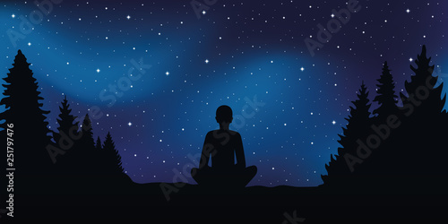sitting person in meditation pose looks in the starry sky vector illustration EPS10