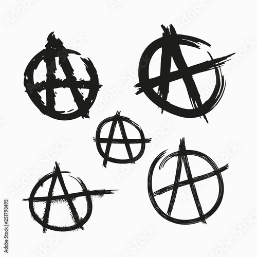 Set of Anarchy symbols. Painted with rough grunge brushes. Vector illustration.