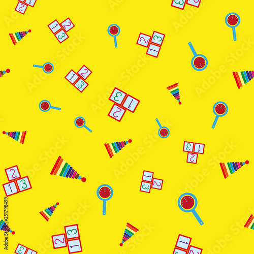 Colorful seamless pattern with children's toys. Repetitive pyramids, rattles, cubes with numbers. Vector illustration.