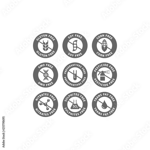 Gluten, soy, trans fat free vector badge label. Corn, preservatives, gmo free black isolated circle stamp icons.