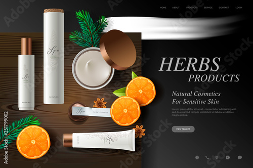 Cosmetics website template, fresh herbs products on wood plate texture, vector illustration.