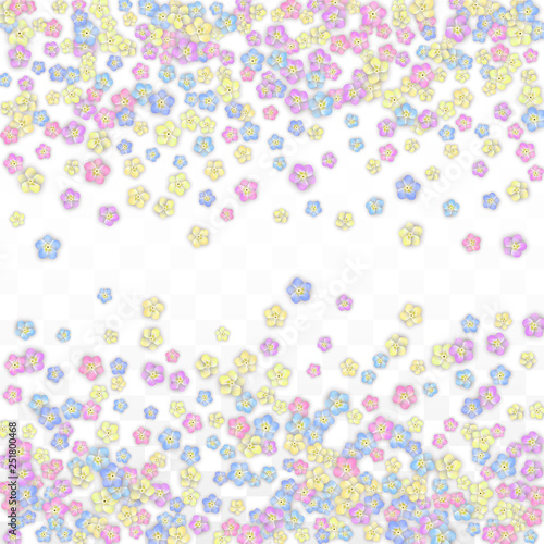 Colorful Vector Realistic Petals Falling on Transparent Background.  Spring Romantic Flowers Illustration. Flying Petals. Sakura Spa Design. Blossom Confetti. Design Elements for Wedding Decoration.
