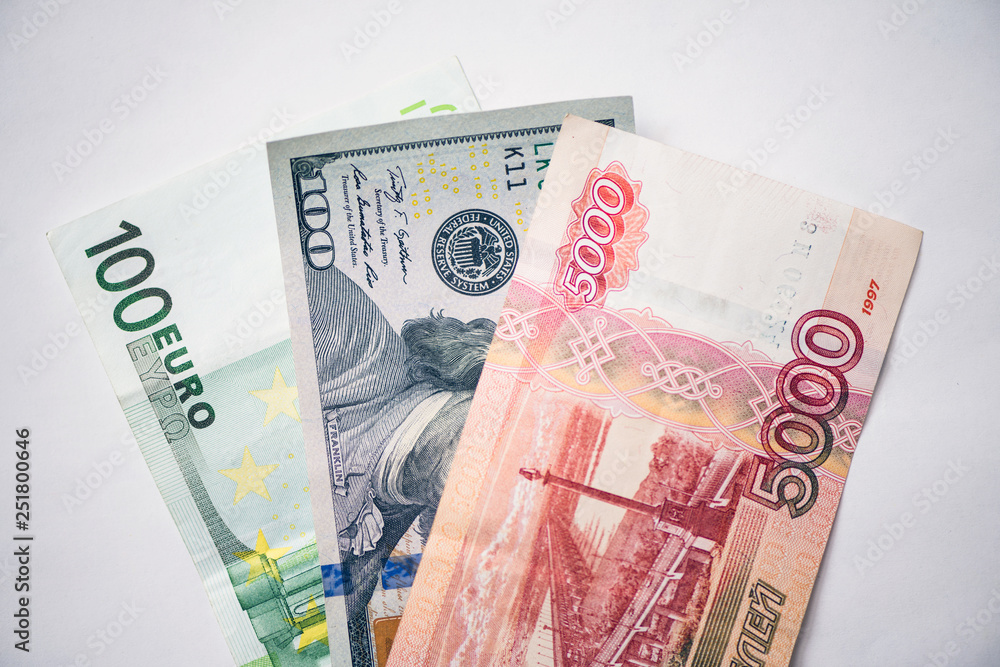 Obraz premium Dollar, euro,ruble banknotes. International currencies.
