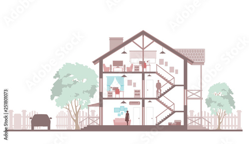 Dwelling house cutaway. Vector illustration isolated on white