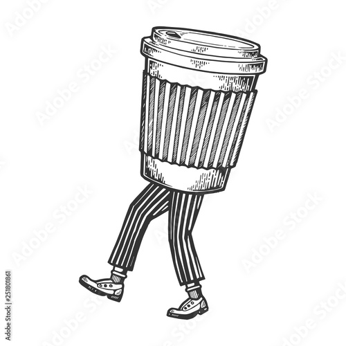 Disposable cup of coffee walks on its feet sketch engraving vector illustration. Scratch board style imitation. Black and white hand drawn image.