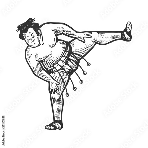 Sumo japanese wrestler sportsman sketch engraving vector illustration. Scratch board style imitation. Black and white hand drawn image.