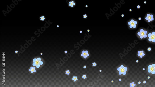 Vector Realistic Blue Flowers Falling on Transparent Background. Spring Romantic Flowers Illustration. Flying Petals. Sakura Spa Design. Blossom Confetti. Design Elements for Wedding Decoration.