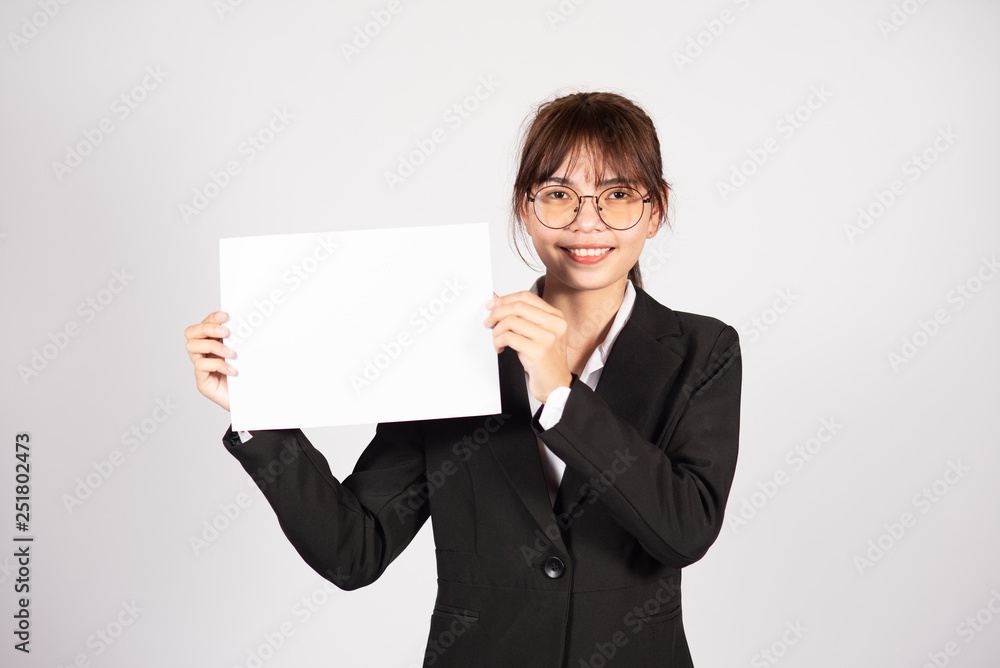 young business stand on isolated background and Show Advertisement label. young business stand on isolated background and Show Advertisement label.