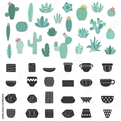 Vector set of cacti and black pots. Hand-drawn illustration of a cactus in scandinavian style. Summer collection for decor, card, home, interior, print, poster, banner