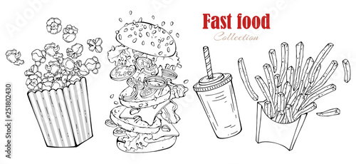 Vector fast food: burger, french fries, popcorn, drink.