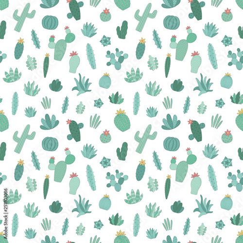 Seamless pattern of hand-drawn green tropical cacti. Vector illustration of a cactus in the Scandinavian style for the summer, children, print, background, typography, nursery, baby, home