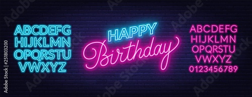 Happy birthday neon sign. Greeting card template on dark background.