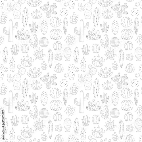 Fototapeta Naklejka Na Ścianę i Meble -  Seamless pattern of hand-drawn tropical cactus silhouette. Summer scandinavian exotic Vector illustration of cacti for child, print, typography, nursery, baby, home, background, textile