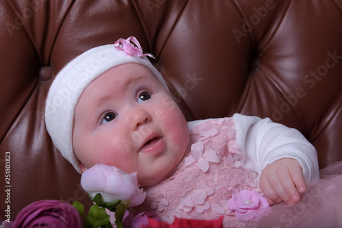 girl five months in a pink dress with bouquets of flowers photo