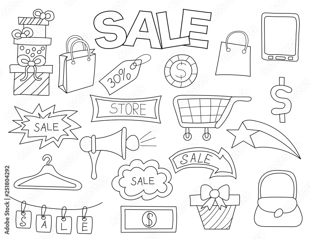 Sale promotion set of icons and objects. Hand drawn doodle discount offer design concept. Black and white outline coloring page game. Monochrome line art. Vector illustration. Sale promotion set of icons and objects. Hand drawn doodle discount offer design concept. Black and white outline coloring page game. Monochrome line art. Vector illustration.