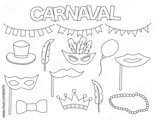 Carnaval set of icons and objects. Hand drawn doodle masquerade design concept. Black and white outline coloring page game. Monochrome line art. Vector illustration.