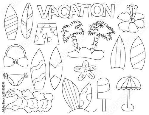 Tropical vacation set of icons and objects. Hand drawn doodle summer ...
