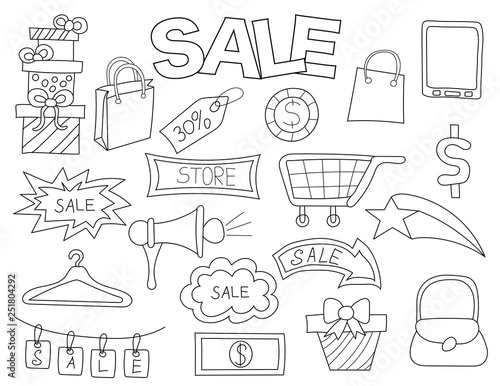Sale promotion set of icons and objects. Hand drawn doodle discount offer design concept. Black and white outline coloring page game. Monochrome line art. Vector illustration.