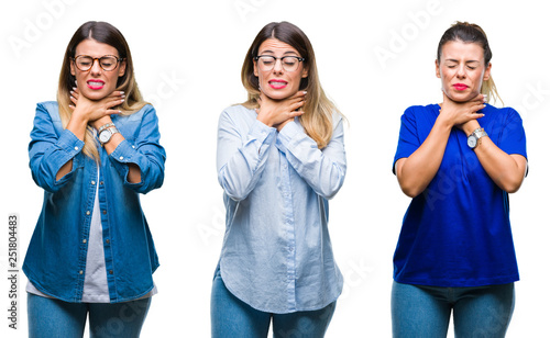 Collage of young beautiful woman wearing glasses over isolated background shouting and suffocate because painful strangle. Health problem. Asphyxiate and suicide concept.