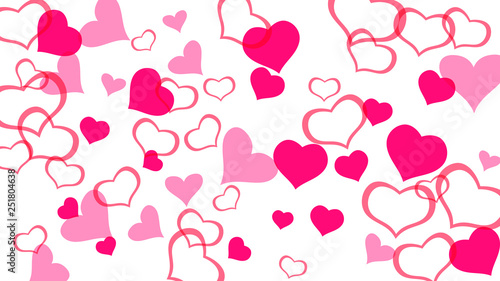 A sample of wallpaper design, textiles, packaging, printing, holiday invitation for wedding. Light background. Red on White fond Vector. Red hearts of confetti crumbled.